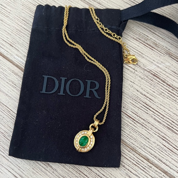 DIOR Vintage Gold-Tone Necklace with Green Center Stone and Crystal Halo
